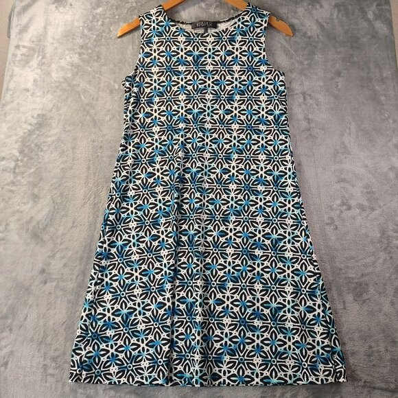 Kasper Womens Sleeveless Shift Dress Blue White Geometric Career Office Workwear - Picture 1 of 8